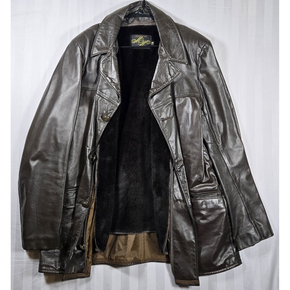 Vintage 70s Montgomery Ward MW Leather Coat 46 Tall Brown Car Coat Faux Fur Line